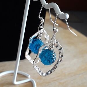 Bright Blue & Hammered Silver Earrings TT117